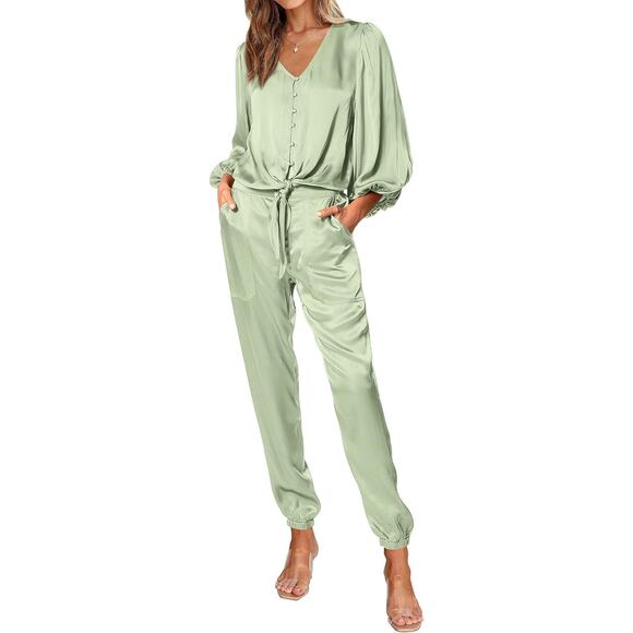 Fashion Satin Outfit Womens XXL Green Long Sleeve Button Top & Jogger Pant Set - Picture 1 of 14